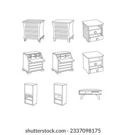 Set of Cabinet And Bed Table Modern outline style icons. Stroke vector illustration on a white background.