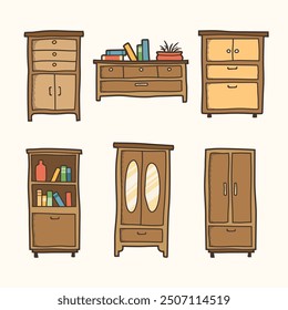 Set of cabinet design, Natural wooden Furniture vector illustration