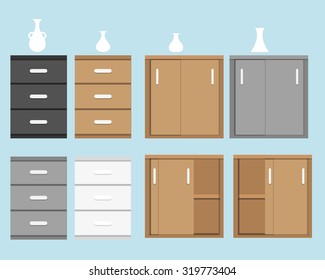 Set of cabinet in flat style and white silhouette vase. isolated object