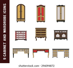 Set of cabinet, wardrobe and writing table icons in retro colors isolated. Drawer, closet, dresser pictogram