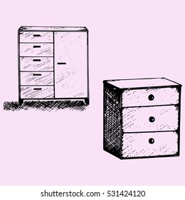 Set of cabinet wood Furniture, doodle style sketch illustration hand drawn vector