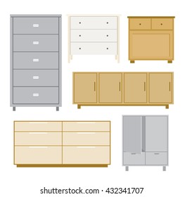 Set of cabinet wood Furniture style isolated object Vector
