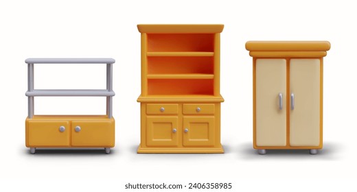 Conjunto de armarios de diferentes tipos. Estante, biblioteca, armario. Ilustraciones para la tienda de muebles. Decoración para guardar libros, ropa de cama. Plantillas aisladas