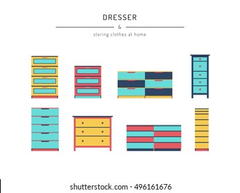 A set cabinets, dresser, drawn in a flat style. Cabinets furniture elements to create the design of interiors, apartments, bedrooms, closets