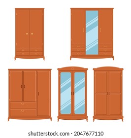 Set of cabinets. Hallways, wardrobes, Storage of clothes. Cozy home furniture.  Vector cartoon set of brown closets for clothes and shoes storage, wood storing furniture with doors and drawers