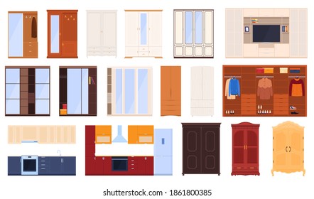 Set of cabinets. Kitchen furniture, bedroom cabinets, hallways. Isolated vector illustration