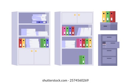 Set of cabinets with paper and documents. Shelf with documents. Box with data. Office interior. Vector collection in a flat style