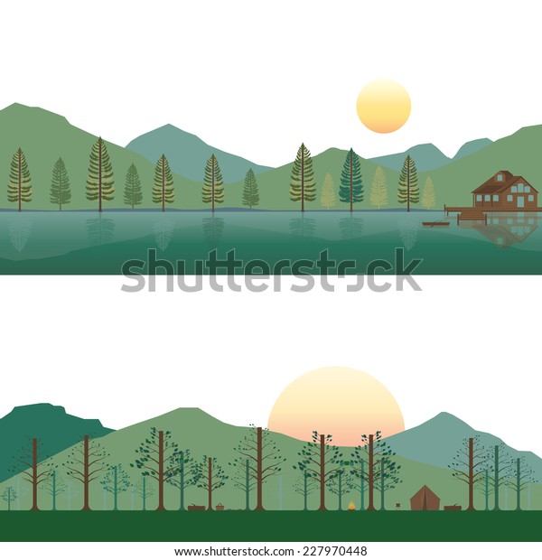 Set Cabins On Lake Camping On Stock Vector Royalty Free 227970448