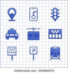 Set Cable car, Airport, Train, Taximeter, Road sign for taxi stand, Traffic light and Location with icon. Vector