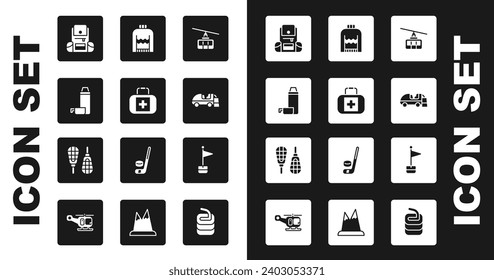 Set Cable car, First aid kit, Thermos container, Hiking backpack, Ice resurfacer, Christmas sweater, Location marker and Snowshoes icon. Vector