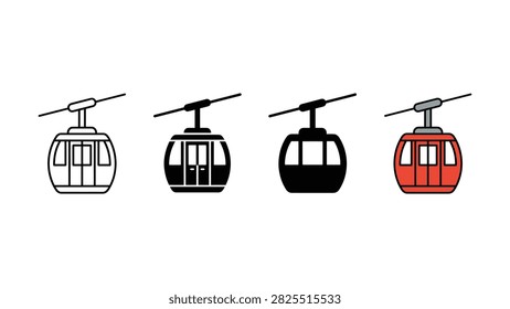 Set of cable car icons represented in outline silhouette and colorful flat graphic design styles