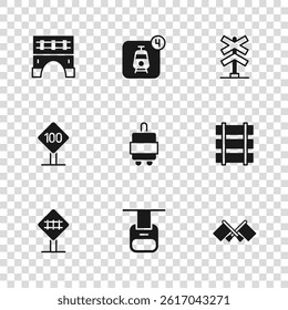 Set Cable car, Railway, railroad track, Flag, Suitcase, Railroad crossing, Bridge for train, Online ticket booking and Speed limit traffic sign 100 km icon. Vector
