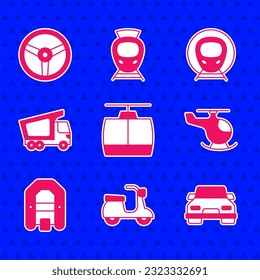 Ponga el icono del teleférico, Scooter, Car, Helicóptero, Rafting boat, el camión de carga de entrega, el tren y el tren y la rueda de dirección. Vector