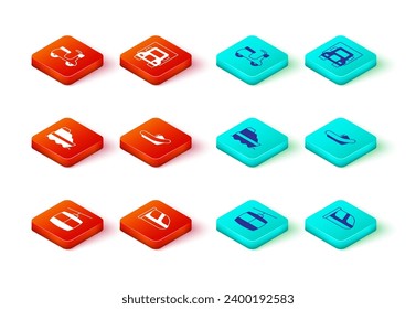 Set Cable car, Train and railway, Cruise ship, Rafting boat, Delivery cargo truck and Scooter icon. Vector
