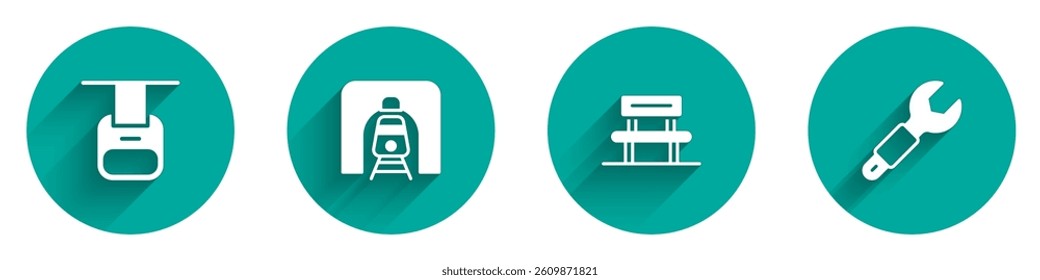 Set Cable car, Train in railway tunnel, Waiting hall and Wrench spanner icon with long shadow. Vector