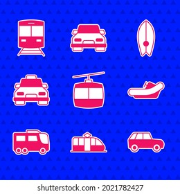 Fijar el teleférico, el tranvía y el tren, el coche, el bote de Rafting, el autobús, el taxi, la tabla de surf y el icono del tren. Vector