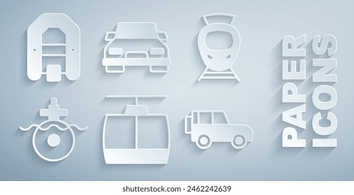 Set Cable car, Tram and railway, Submarine, Off road, Car and Rafting boat icon. Vector