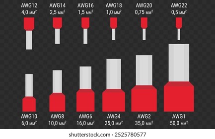 Set of cable end sleeves with red insulation and various diameters. Vector illustration in flat style