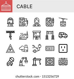 Set Of Cable Icons Such As Crane, Claw Machine, Electric Car, Electrician, Multimeter, Cable Car, Iron, Pulley, Voltage, Flash Drive, Plug, Socket, Karaoke, Tram , Cable