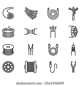 Set of cable icons. Thin line vector. Contains icons of various types of cables.