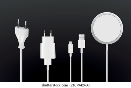 Set of Cable wire computer, phone and electricity plug collection. Wireless charger, electric plug, USB. Vector illustration