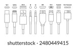 A set of cables, wires USB, Type C, HDMI, Mini B, lightning Mini jack 3.5, and other connectors.