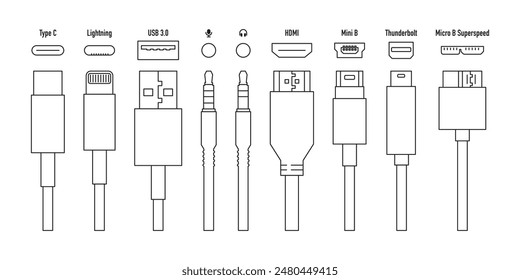 A set of cables, wires USB, Type C, HDMI, Mini B, lightning Mini jack 3.5, and other connectors.