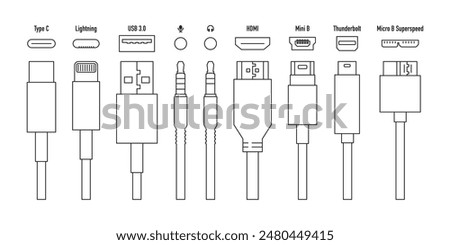 A set of cables, wires USB, Type C, HDMI, Mini B, lightning Mini jack 3.5, and other connectors.