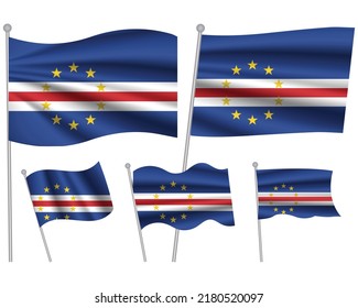 Set of Cabo Verde waving flag on isolated background vector illustration. 5 Cape Verde wavy realistic flag as a patriotic symbol
