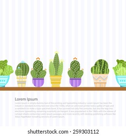 A set of cacti (cactus) on the shelf. Striped Wallpaper. Vector illustration. Flowers in the original pots. The cactus blossoms. Cactus is n the shelf. 