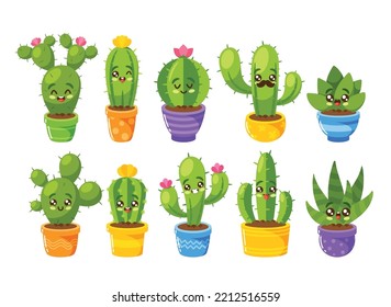 Set Of Cacti Characters In Flowerpots. Kawaii Cactus With Flowers and Spikes, Cute Succulent Collection, Exotic Desert Plants with Funny Faces Isolated On White Background. Cartoon Vector Illustration