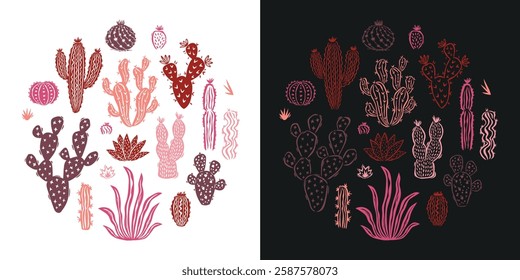 Set of cacti circle sketches isolated on white and black background. Round emblem of desert cacti. Collection of succulents. Hand drawn illustration. Vibrant colors