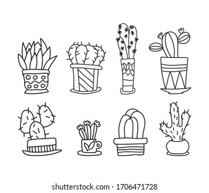 Set cacti doodle illustration isolated on a white background. Home plants in pot. Hand-drawn line illustration. Can be used to colouring book.
