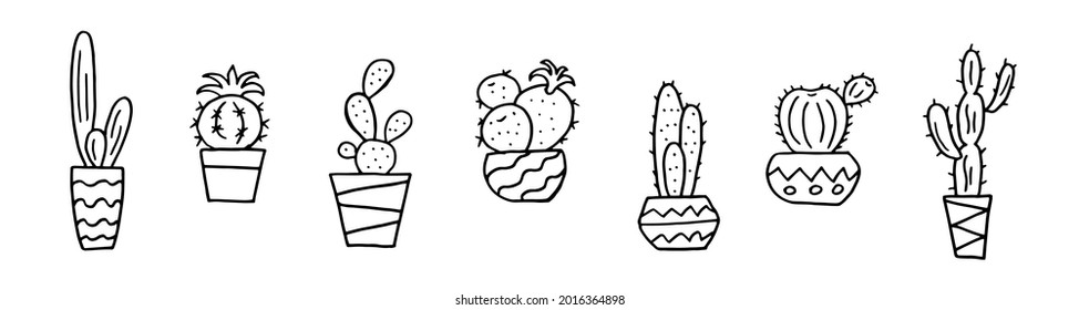 Juego de cactus en un dibujo de la mano de la maceta florida en forma de doodle aislado en el fondo blanco. Ilustración de material vectorial. 