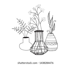 Set of cacti flowerpots, decor, sketch, free-hand drawing, graphic style, minimalistic, monochromatic. 