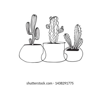 . Set of cacti flowerpots, decor, sketch, free-hand drawing, graphic style, minimalistic, monochromatic. 