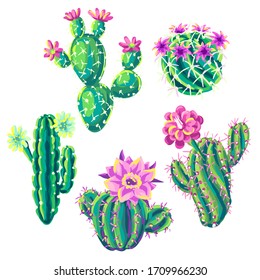 Set of with cacti and flowers. Decorative spiky flowering cactuses in hand drawn style.