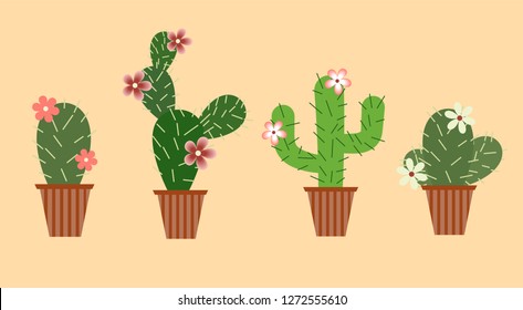 Set of cacti with flowers in pots. Flat style. Vector illustration.