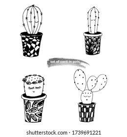 Juego de cactus con graciosas caras kawaii en bonitas ollas hechas a mano sobre un fondo blanco aislado. Ilustración vectorial en blanco y negro
