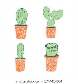 Set of cacti with funny kawaii faces in cute handmade pots on a white isolated background. Vector illustration