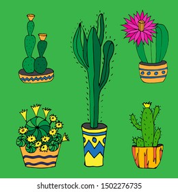 A set of cacti. Hand drawn sketch. Design for textile, gift paper, scrapbooking