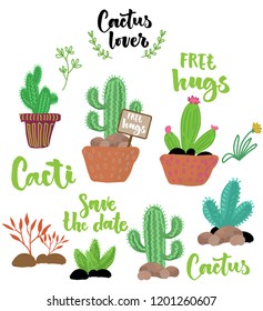 set of cacti and hand-writen lettering / cactus lover 