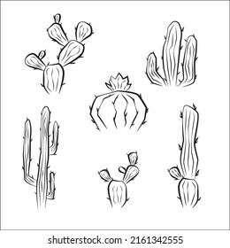 Set of cacti. Isolated vector elements in black and white.
