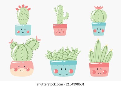 Set of cacti in kawaii style. Vector illustration. Cute cacti in pots.