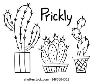 Set of cacti. Linear hand drawn style. Vector illustration.