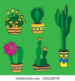 Set of cacti on a green background. Hand drawn sketch. Design for textile, gift paper, scrapbooking