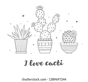 A set of cacti outline doodle cactus with hand drawn elements and pattterns. Vector illustration