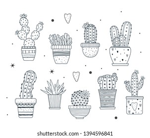 A set of cacti outline doodle cactus with hand drawn elements and pattterns. Vector illustration