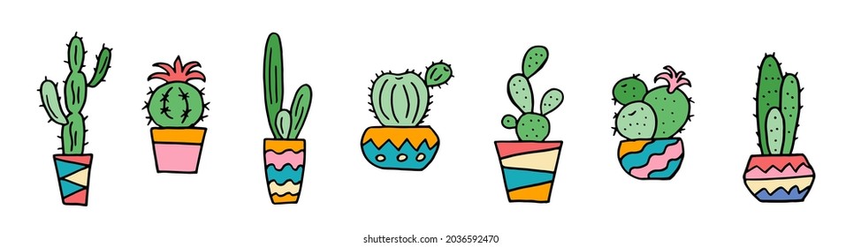 Set of cacti in a pot hand drawing sketch in color isolated on white background. Stock vector illustration. 