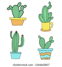 Set of cacti in pot isolated on white background
